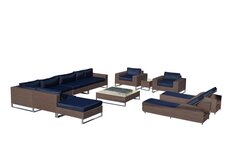 Loungeset 13-delig Donker bruin wicker / donkerblauwe kussens