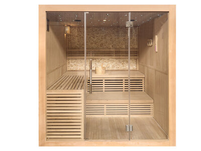 Luxe sauna 200x200cm met sterrenhemel, natuurstenen wand en touchscreen