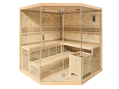 Sauna Prisma 220x220cm met sterrenhemel, natuurstenen wand en 3 zit/ligbanken