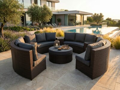 Loungeset 8-delig | Donkergrijs Wicker &amp; Lichtblauwe Kussens | 3 Sofas | Aluminium Frame | incl. Tafels