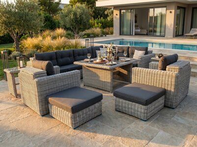Loungeset 11-delig lichtgrijs rond wicker met donkergrijze kussens en opbergvak