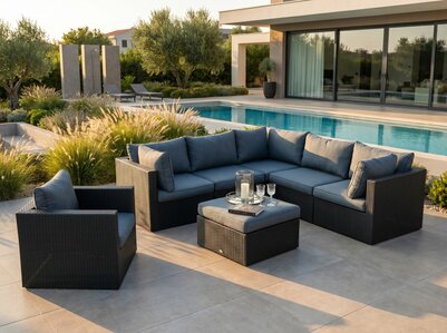 Loungeset Eivissa 7-delig | Zwart Wicker &amp; Antraciet Kussens | 6-7 Personen | Aluminium Frame | incl. Tafel