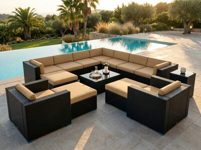 Loungeset HAVANA | 12-delig | Wicker | 12-delig | Zwart + zandkleurige kussens