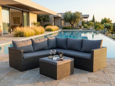 Loungeset Ibiza 4-delig | Antraciet Wicker &amp; Grijze Kussens | 5 Zitplaatsen | Aluminium Frame | incl. Hocker