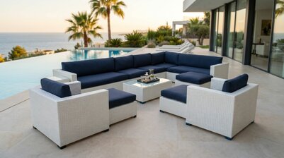 Loungeset 12-delig | Wit Wicker &amp; Donkerblauwe Kussens | 9 Personen | Aluminium Frame | incl. Tafels