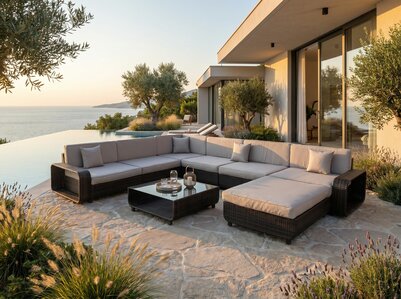 Loungeset Garda 8-delig donkerbruin wicker met lichtgrijze kussens &mdash; complete opstelling
