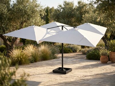 Vierdubbele zweefparasol 4x 3x3m wit vooraanzicht horeca