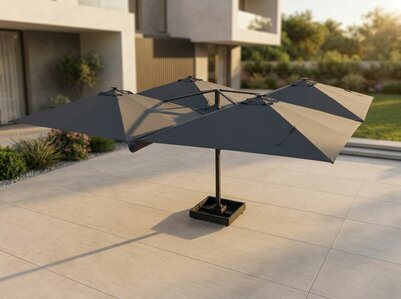 Vierdubbele zweefparasol 4x 3x3m donkergrijs vooraanzicht horeca