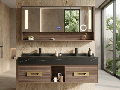 Badkamermeubel MBY 150 cm hout decor met zwarte natuurstenen wasbak &ndash; vooraanzicht