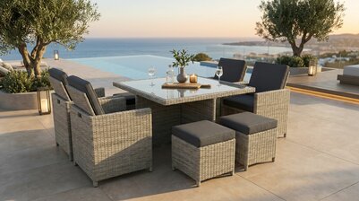 Diningset 9-delig | Lichtgrijs Wicker &amp; Zwarte Kussens | 4 Stoelen &amp; 4 Ottomans | Aluminium Frame | incl. Eettafel