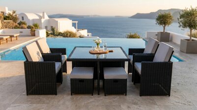 Diningset 9-delig | Zwart Wicker &amp; Witte Kussens | 4 Stoelen &amp; 4 Ottomans | Aluminium Frame | incl. Eettafel