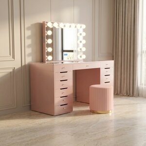 Luxe kaptafel roze 150x60cm met LED-verlichting, Bluetooth en 13 lades &mdash; inclusief spiegel en poef