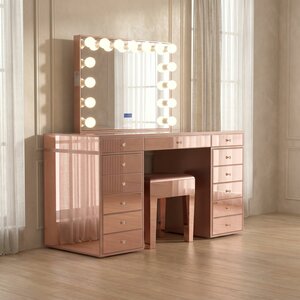 Luxe kaptafel roze 150x60cm met LED-verlichting, Bluetooth en 13 lades &mdash; inclusief spiegel en kruk