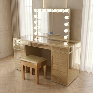 Luxe kaptafel goud 150x60cm met LED-verlichting, Bluetooth en 13 lades &mdash; inclusief spiegel en kruk