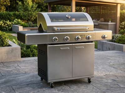 Gasbarbecue Sydney RVS 4 branders &ndash; vooraanzicht verrijdbaar met zijbrander