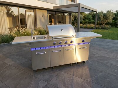Gasbarbecue Buitenkeuken RVS | 4 branders + zijbrander | wasbak | LED | verrijdbaar