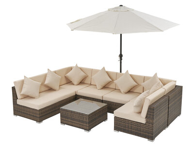 Loungeset 8-delig bruin wicker met parasol &mdash; compleet met glazen koffietafel en zandkleurige kussens