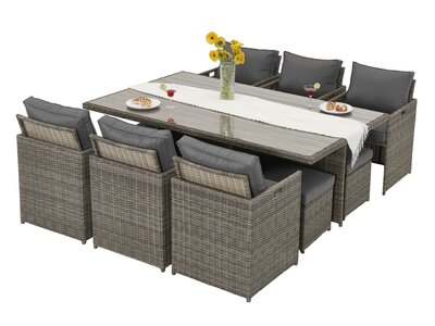 Diningset 11-delig bruin wicker met 6 stoelen, 4 ottomans en glazen eettafel 200x125cm