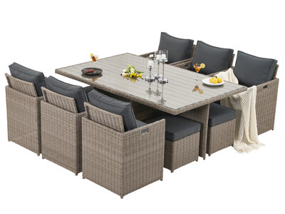Diningset 11-delig beige wicker met 6 stoelen, 4 ottomans en glazen eettafel 200x125cm
