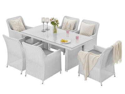 Diningset 7-delig wit wicker met 6 stoelen en glazen eettafel 180x90cm &mdash; grijze kussens