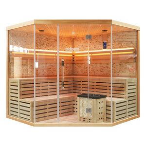 Hoeksauna 220x220 cm Nordic Stone Prisma vooraanzicht met glazen front
