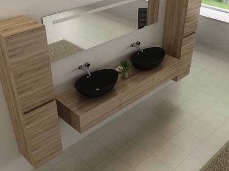 Badkamermeubel BAVENO | 180 cm | Met zijkasten | Licht hout decor met 2 zwarte waskommen