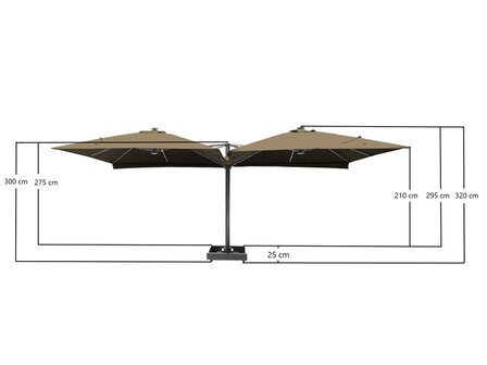 Vierdubbele zweefparasol maattekening zijaanzicht