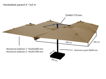 Vierdubbele zweefparasol maattekening bovenaanzicht afmetingen
