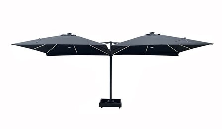 Vierdubbele zweefparasol donkergrijs zijaanzicht terrasopstelling