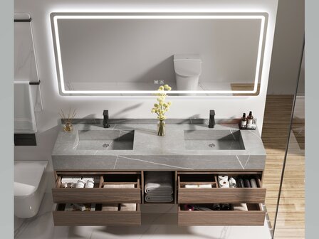MBY 120 cm hout grijs &ndash; detail greeploze lades en mat zwarte kranen