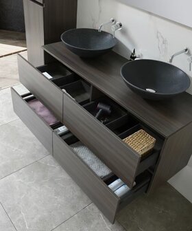 Badkamermeubel 2 Persoons 130 cm Donker Hout | Zwarte Stenen Waskommen | Incl. LED Spiegel &amp; Kranen