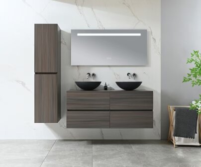 Badkamermeubel 2 Persoons 130 cm Donker Hout | Zwarte Stenen Waskommen | Incl. LED Spiegel &amp; Kranen