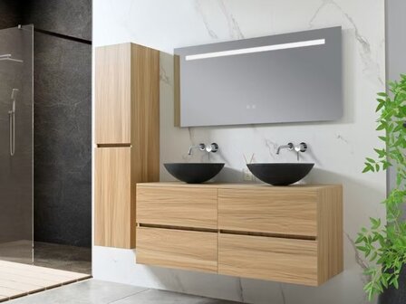 Badkamermeubel 2 Persoons 130 cm Hout Decor | Natuurstenen Waskommen | Incl. Anti-Fog LED Spiegel &amp; Kranen