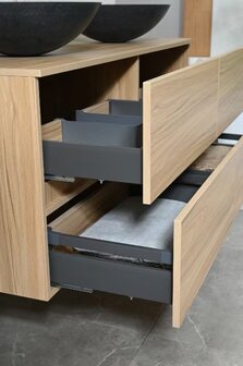 Badkamermeubel 2 Persoons 130 cm Hout Decor | Natuurstenen Waskommen | Incl. Anti-Fog LED Spiegel &amp; Kranen