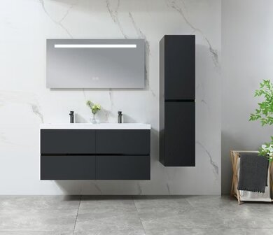 Badkamermeubel 2 Persoons 120 cm Hoogglans Zwart | Kunstmarmeren Wastafel | Incl. Anti-Fog LED Spiegel &amp; Kranen