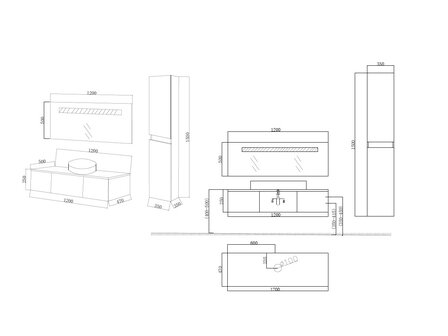 Maattekening badkamermeubel BAVENO 120 cm met zijkast en spiegel