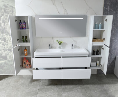 Badkamermeubel 2-persoons 145 cm hoogglans wit met witte wastafel &ndash; vooraanzicht