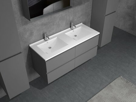 Witte dubbele wasbak &ndash; close-up bovenaanzicht antraciet badkamermeubel