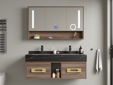 Badkamermeubel MBY 120 cm hout decor met zwarte natuurstenen wasbak &ndash; vooraanzicht