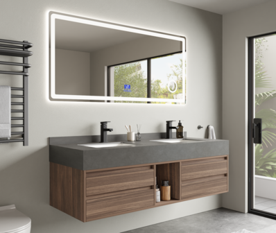 Badkamermeubel MBY 150 cm hout decor met grijze natuurstenen wasbak &ndash; vooraanzicht