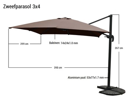 Zweefparasol 3x4 m donkergrijs &ndash; maattekening rechthoekig formaat overzicht