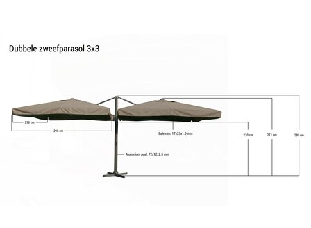 Dubbele zweefparasol 2x 3x3 m taupe &ndash; maattekening 300x300 cm formaat overzicht