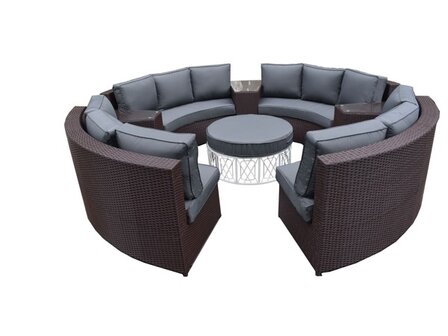 Loungeset 8-delig donkergrijs wicker met lichtblauwe kussens &mdash; complete opstelling