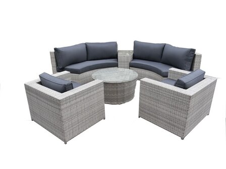 Loungeset 6-delig lichtgrijs wicker met donkergrijze kussens &mdash; complete opstelling