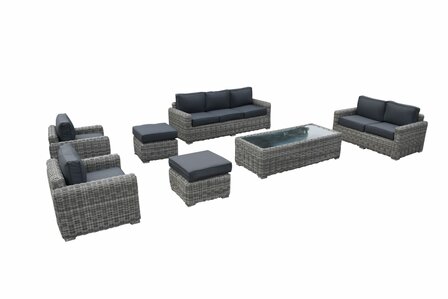 Loungeset 7-delig mix bruin wicker met grijze kussens &mdash; complete opstelling
