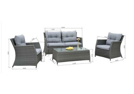Loungeset 4-delig zijaanzicht &mdash; glazen tafel en antraciet wicker