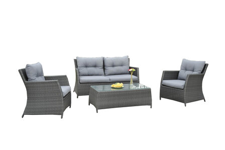 Loungeset antraciet wicker detail &mdash; tweezitsbank en stoelen met grijze kussens