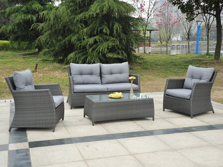 Loungeset 4-delig antraciet wicker met grijze kussens en glazen tafel &mdash; complete set