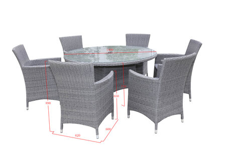 Diningset ronde glazen eettafel &mdash; &oslash;140cm grijs wicker met parasolgat