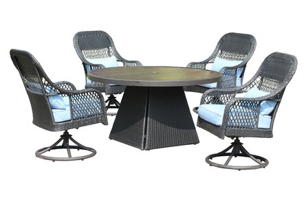 Diningset Redonda 5-delig antraciet wicker met blauwe kussens &mdash; 4 draaibare stoelen en ronde tafel